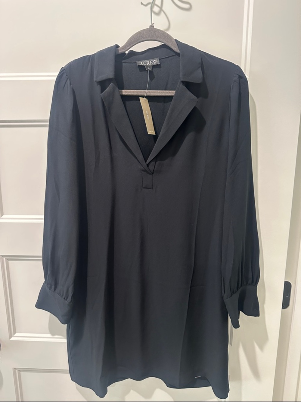 J. Crew Black Collared V-Neck Shift Dress NWT gold button detail